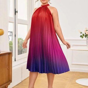 SIZE:2XL SHEIN RED TO PURPLE OMBRE PLEATED SLVLSS HALTER DRESS W/TIE AT BACK
